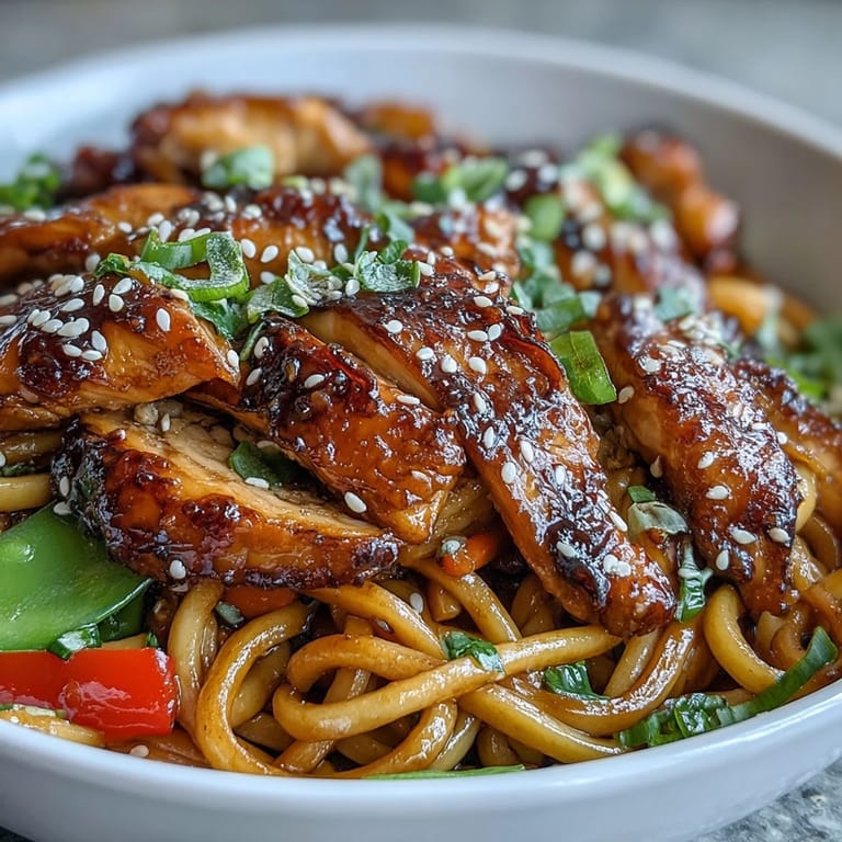 A vibrant bowl of Sesame Chicken Noodle Bowl served with toasted sesame seeds.