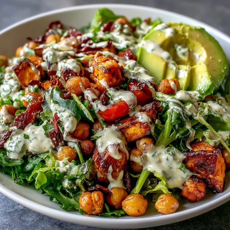 A close-up view of a creamy tahini dressing drizzled over a vegan Breakfast Buddha Bowl brimming with fresh avocado.