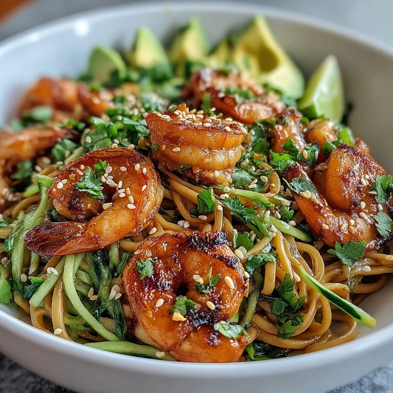 Colorful bean sprouts and sliced scallions top the hearty Grilled Shrimp Asian Noodle Bowl, featuring charred shrimp over chilled noodles and fresh lime wedges.