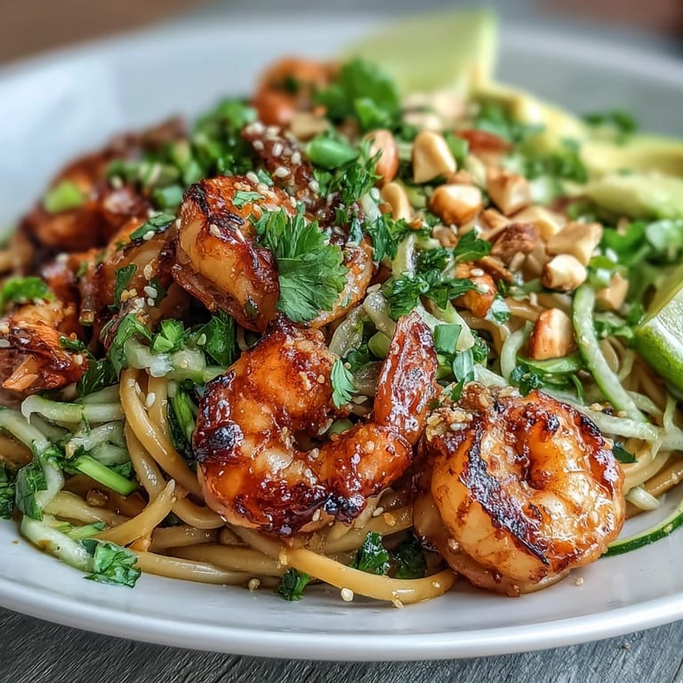 Fresh cilantro and chopped peanuts adorn a close-up of the Grilled Shrimp Asian Noodle Bowl, highlighting juicy grilled shrimp, creamy avocado, and crisp vegetables.