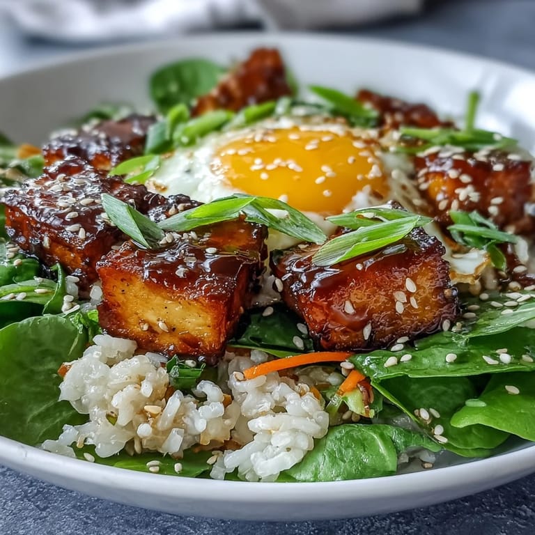 A close-up of Tofu Jammy Egg Breakfast Bowl with sliced cucumbers and a drizzle of zesty ginger scallion sauce.