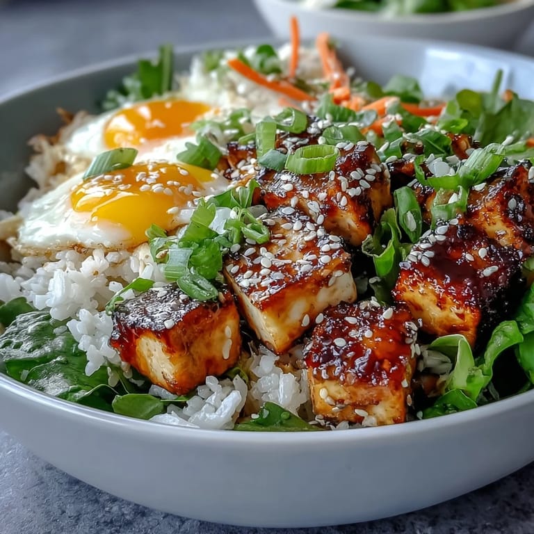 Tofu Jammy Egg Breakfast Bowl served warm with vibrant greens, julienned carrots, and toasted sesame seeds, ready to enjoy.