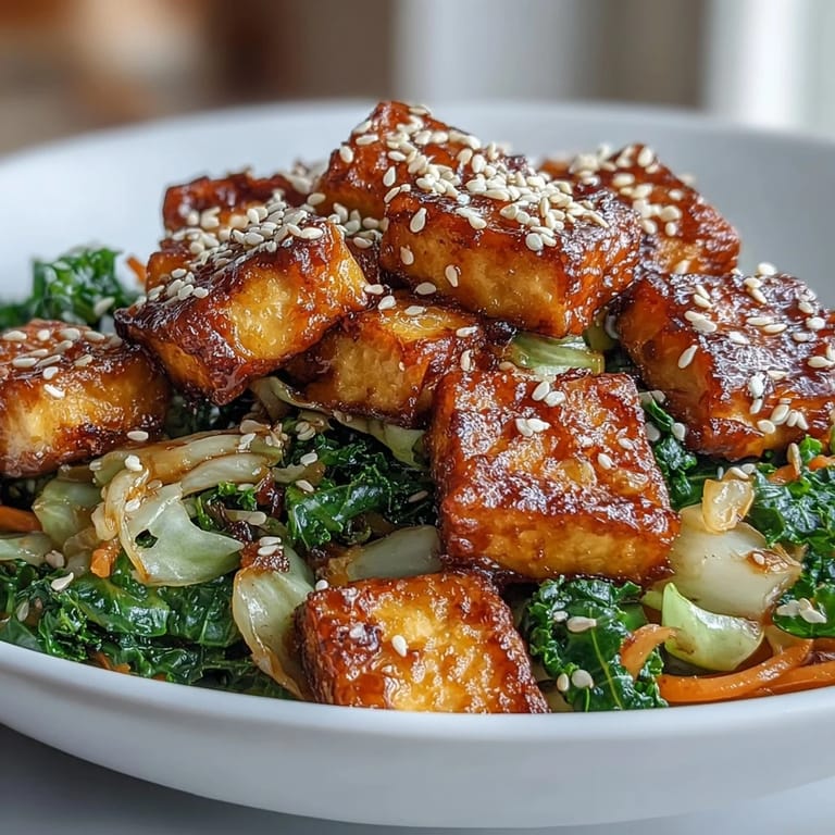 Tofu Egg Roll in a Bowl served steaming hot over white rice with sesame seeds and chili flakes.