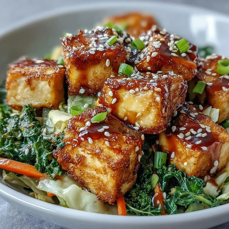 Vibrant mix of crisp kale, spinach, and green onions tossed in a savory umami sauce for this Tofu Egg Roll in a Bowl.