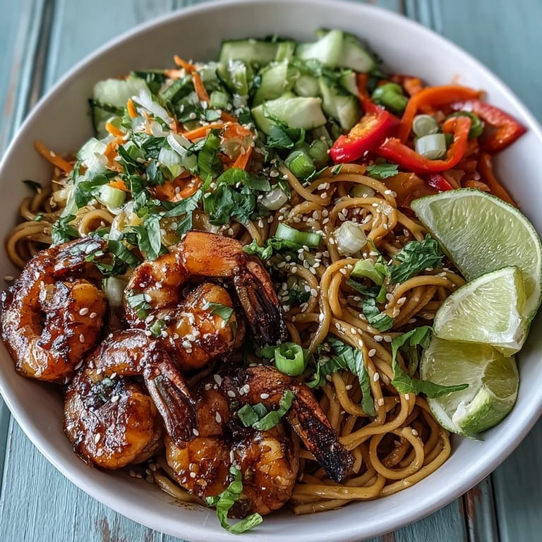 Close-up of 15-Minute Asian Noodle Bowl with grilled shrimp and sesame drizzle. 