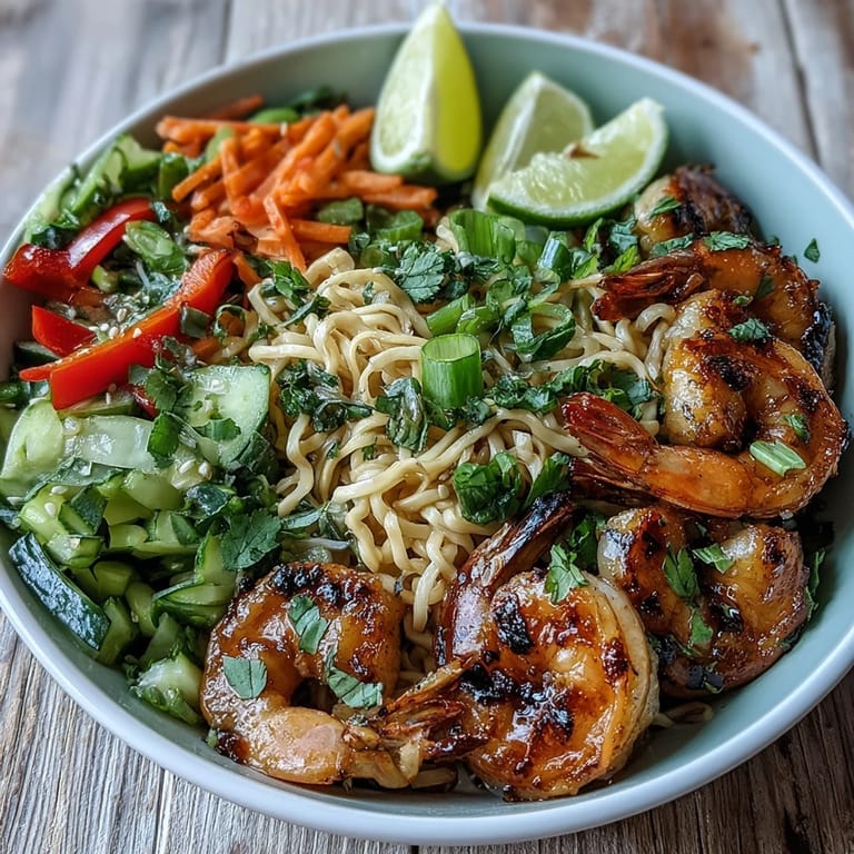 Easy weeknight 15-Minute Asian Noodle Bowl topped with crunchy vegetables and herbs.