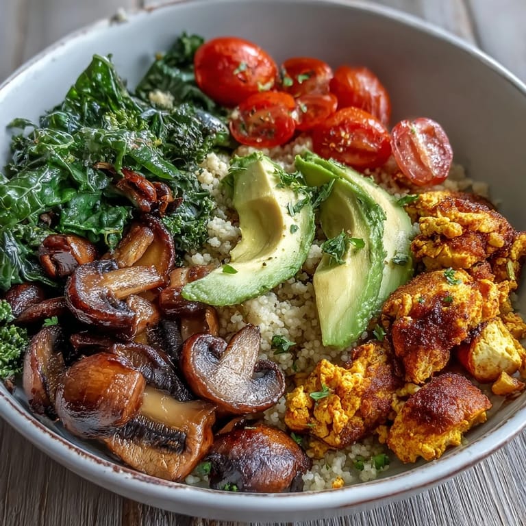 Fluffy couscous topped with savory turmeric tofu, garlic mushrooms, and bright green sautéed kale, finished with lemon wedges.