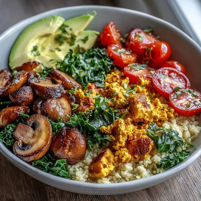 A wholesome vegan breakfast bowl featuring fluffy scrambled tofu, tender mushrooms, and kale served over hearty couscous.