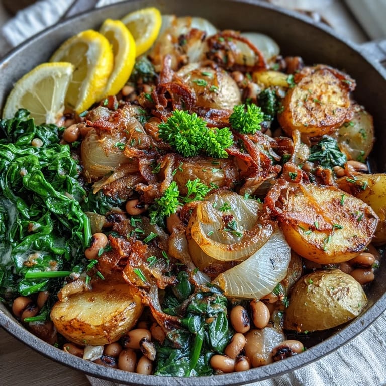Freshly garnished Black-Eyed Pea Skillet Dinner plated beside lemon wedges for a bright squeeze.