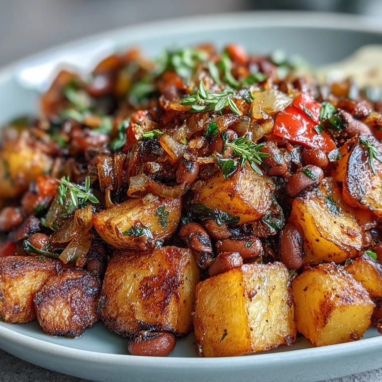 A warm skillet of Black-Eyed Pea Hash with tender Yukon Gold potatoes, sweet onions, and smoked paprika aroma.