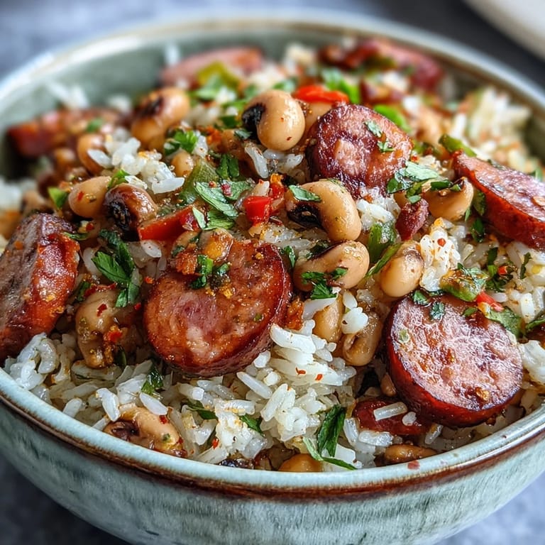 A hearty bowl of Black-Eyed Pea Jambalaya topped with fresh parsley and green onions, served alongside sautéed greens.