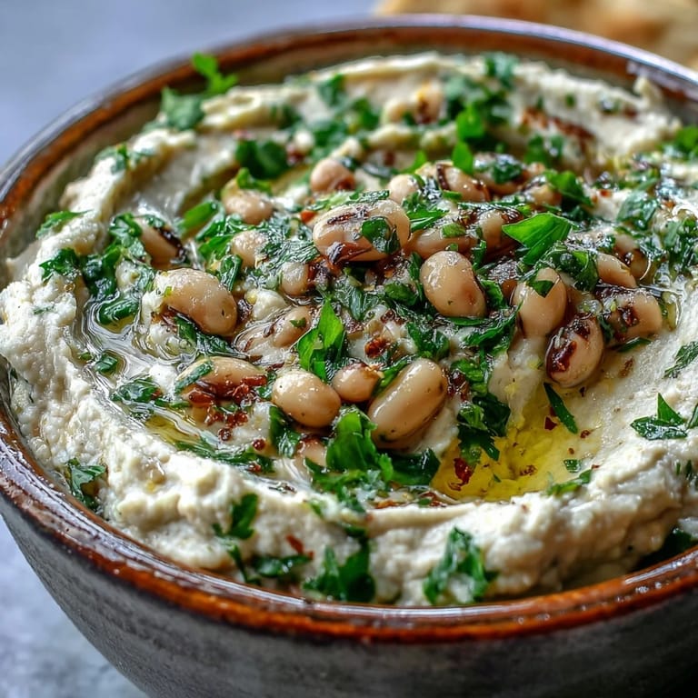 Smashed Black-Eyed Peas side dish topped with herbs, featuring a rustic texture perfect for Mediterranean-inspired meals.