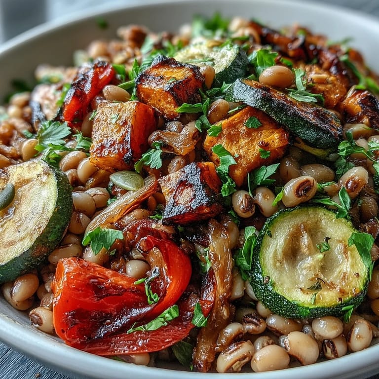 Overhead view of a Black-Eyed Pea Grain Bowl featuring farro and pumpkin seeds.