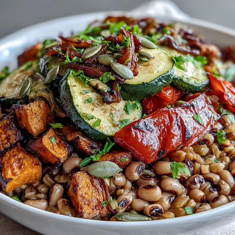 A vibrant Black-Eyed Pea Grain Bowl topped with fresh herbs and lemon wedges.