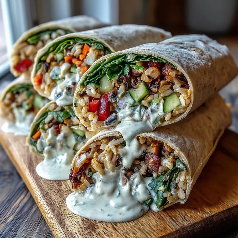 A hand holds a whole wheat Black-Eyed Pea Wrap filled with spinach, julienned carrots, and red onion, ready to be eaten for lunch.