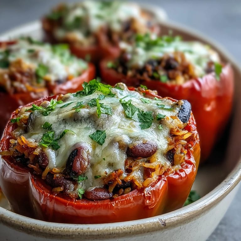 Black-Eyed Pea Stuffed Peppers stuffed with savory rice and veggies on a rustic plate.