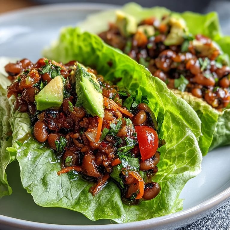 Quick gluten-free Black-Eyed Pea Lettuce Wraps served with a dash of hot sauce on a bright lunch plate
