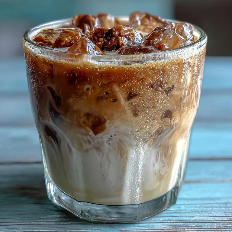 Close-up of an Iced Hojicha Latte topped with a delicate foam, placed on a wooden table for a rustic Japanese café vibe.