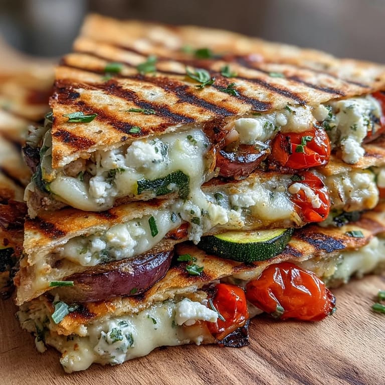 Freshly grilled Grilled Mediterranean Veggie Quesadillas served on a rustic board, topped with cherry tomatoes and herbs.