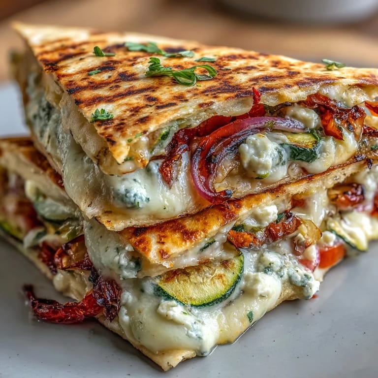 Steam rises from warm Grilled Mediterranean Veggie Quesadillas filled with zucchini, peppers, and onions, paired with a side of hummus.