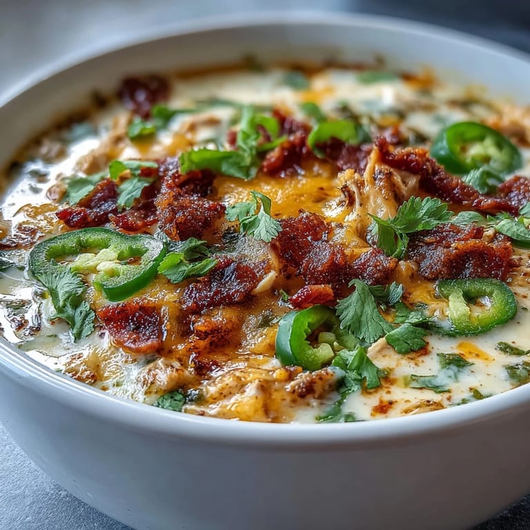 Comforting Spicy Jalapeño Popper Chicken Soup topped with crumbled bacon and fresh jalapeños.