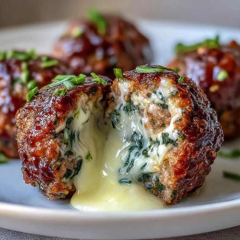 Pan-seared spinach garlic meatballs featuring a gooey mozzarella core, plated alongside crusty bread and a small ramekin of marinara.