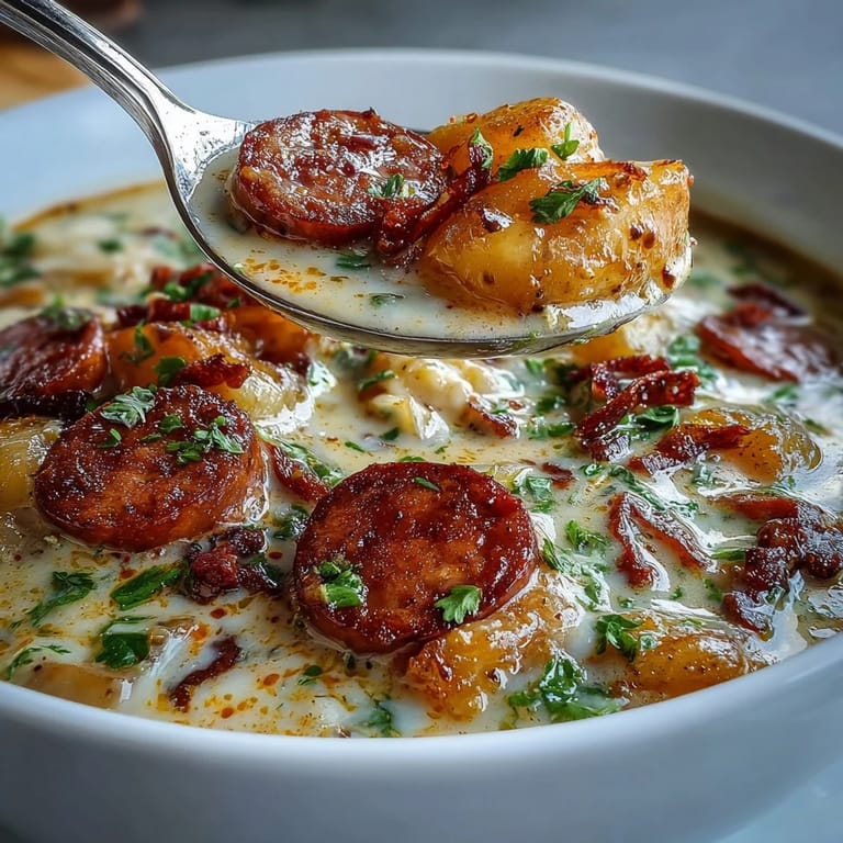 Hearty Creamy Cajun Potato Soup with Andouille Sausage ladled into a white bowl, featuring tender potatoes, peppers, and celery.