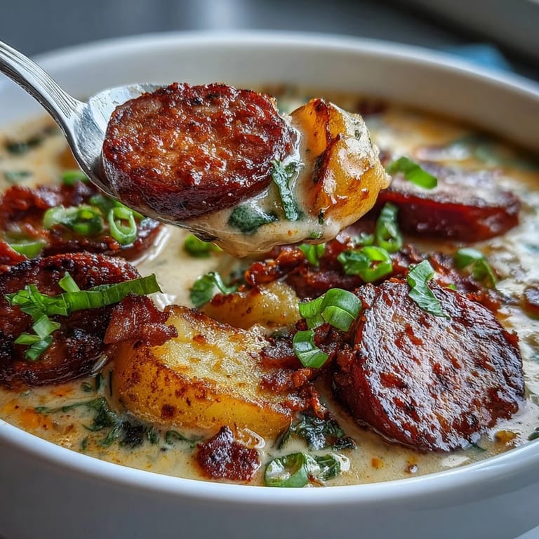 Spoon dipping into Creamy Cajun Potato Soup with Andouille Sausage, revealing a rich, creamy texture and smoky Cajun spices.