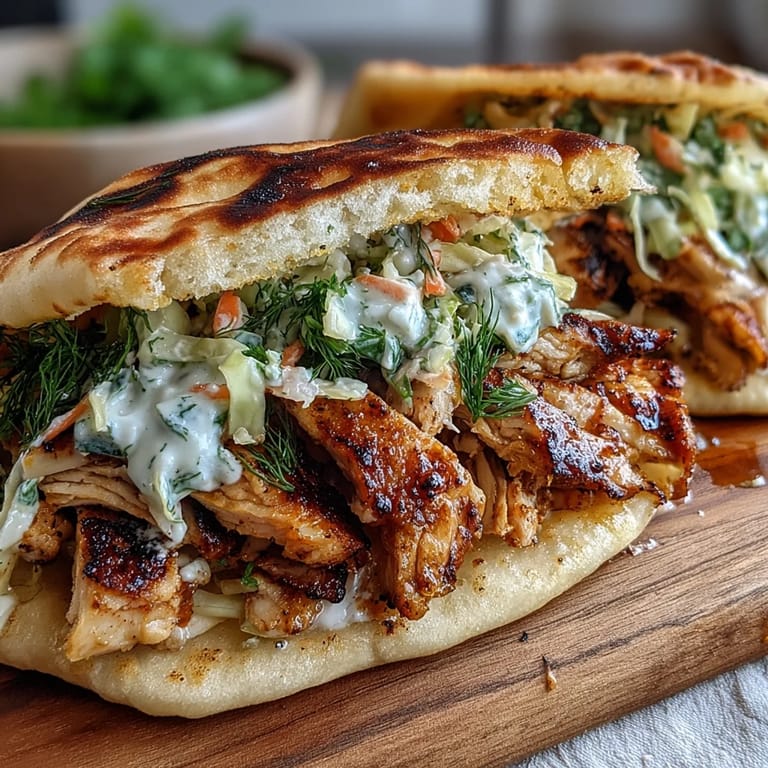 Tender marinated chicken thighs and fresh crunchy vegetables topped with creamy homemade ranch slaw, ready to serve on a wooden board for a quick and easy weeknight dinner.