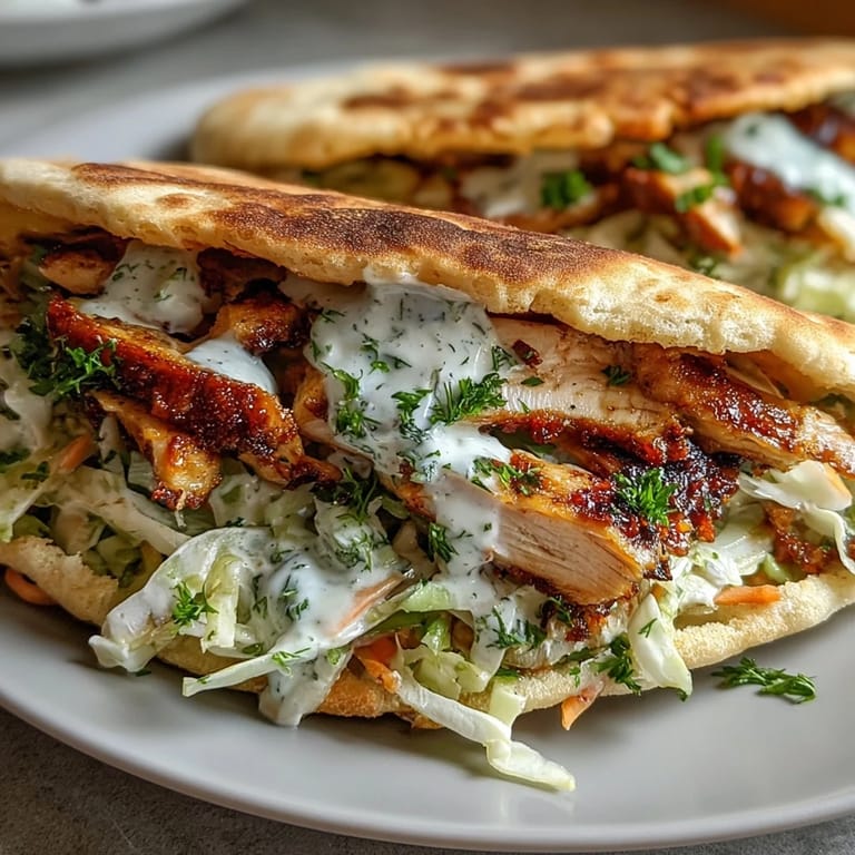 Warm pita pockets stuffed with juicy spiced chicken and a heaping mound of crisp, cool ranch slaw with fresh dill and parsley for a satisfying Mediterranean meal.