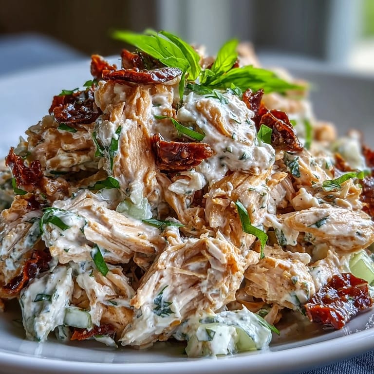Flavorful Sun-Dried Tomato Chicken Salad mixed with crisp celery and red onion, ready for a sandwich or crackers.