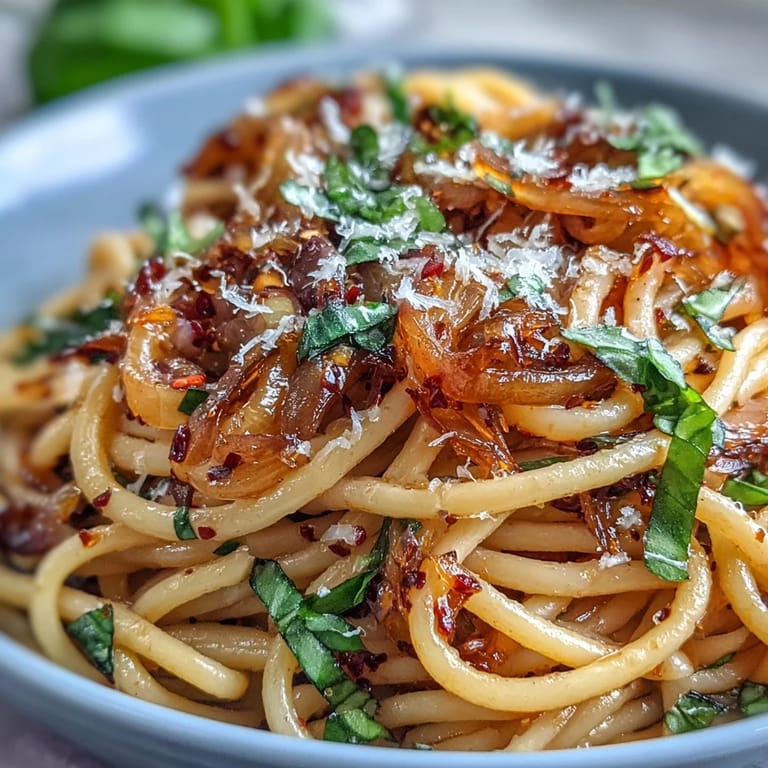 Steaming Caramelized Onion Pasta with Chili Oil tossed in a skillet, with visible chili flakes and tender, deeply caramelized onions.