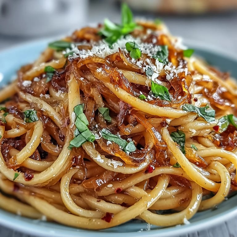 A warm bowl of Caramelized Onion Pasta with Chili Oil, topped with fresh basil and grated Parmesan on a rustic table.