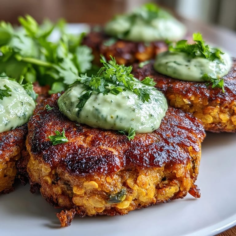 Sizzling Crispy Sweet Potato & Red Lentil Patties in a hot skillet, showing a golden, crunchy exterior.