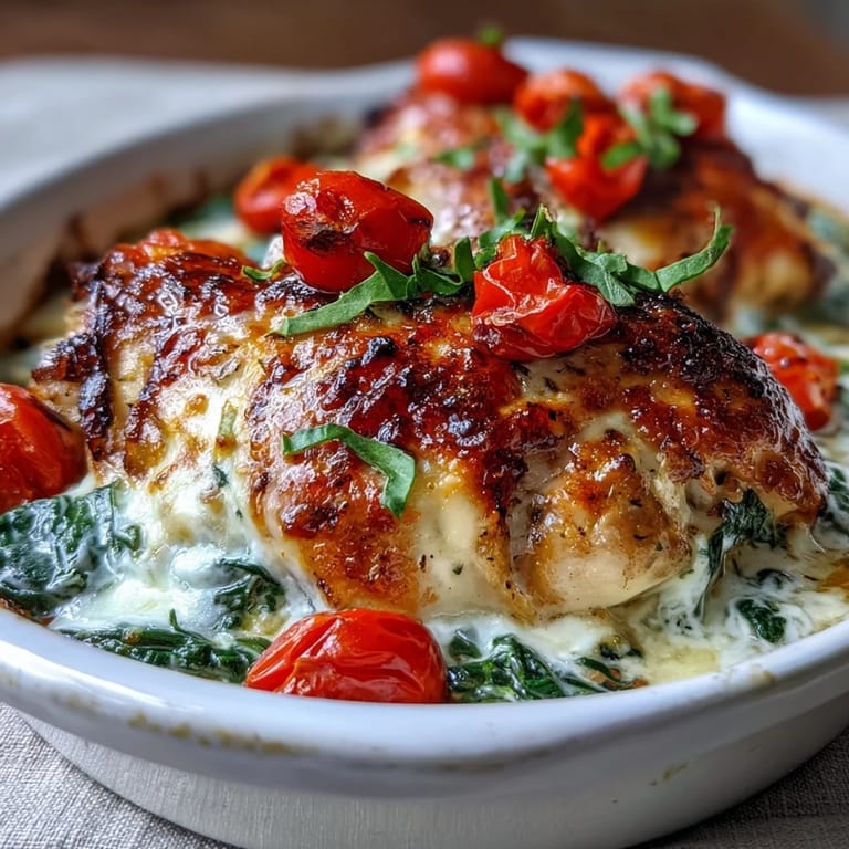 Freshly baked High Protein Chicken Bake in a ceramic dish, featuring a vibrant green spinach mixture and juicy, blistered tomato halves.