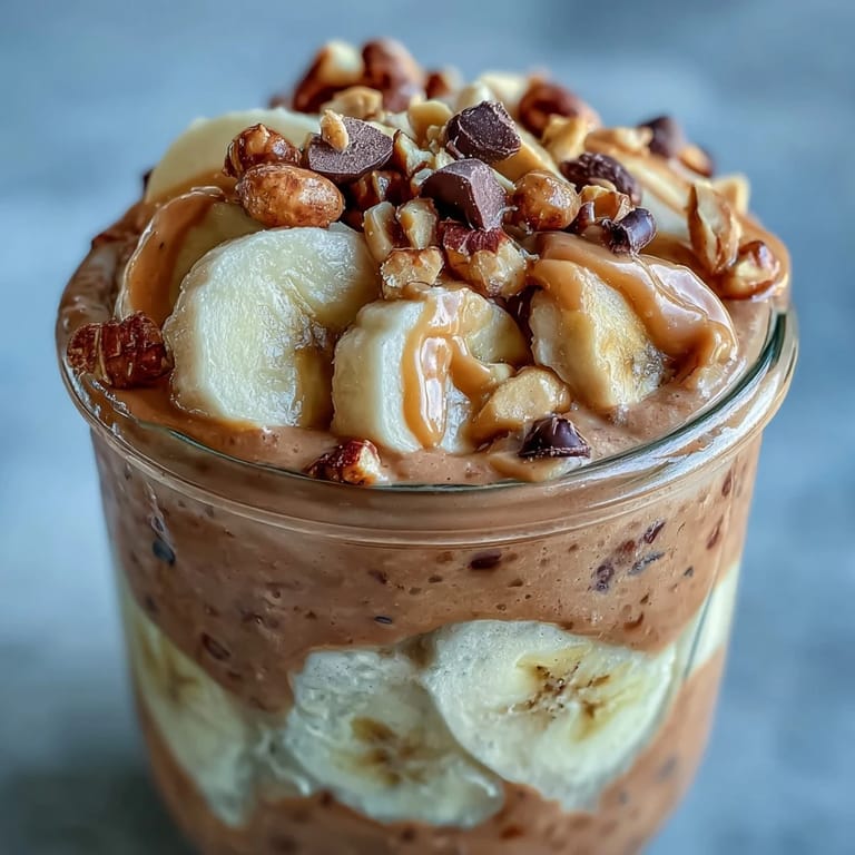 Chunky Monkey Overnight Chia Pudding topped with chocolate chips and chopped peanuts, ready to eat after overnight refrigeration.