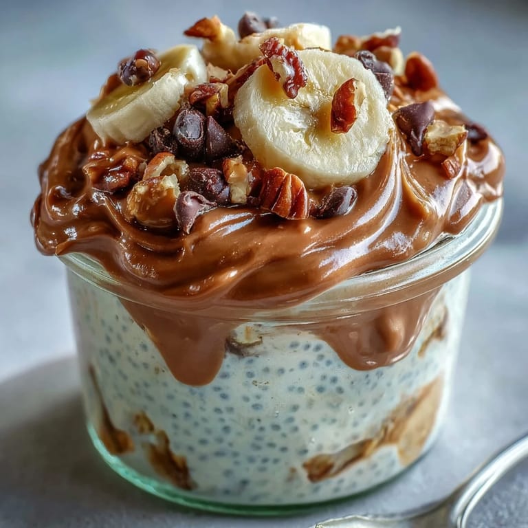 Healthy Chunky Monkey Overnight Chia Pudding dessert with cocoa almond milk base, banana layers, and a rich peanut butter swirl.