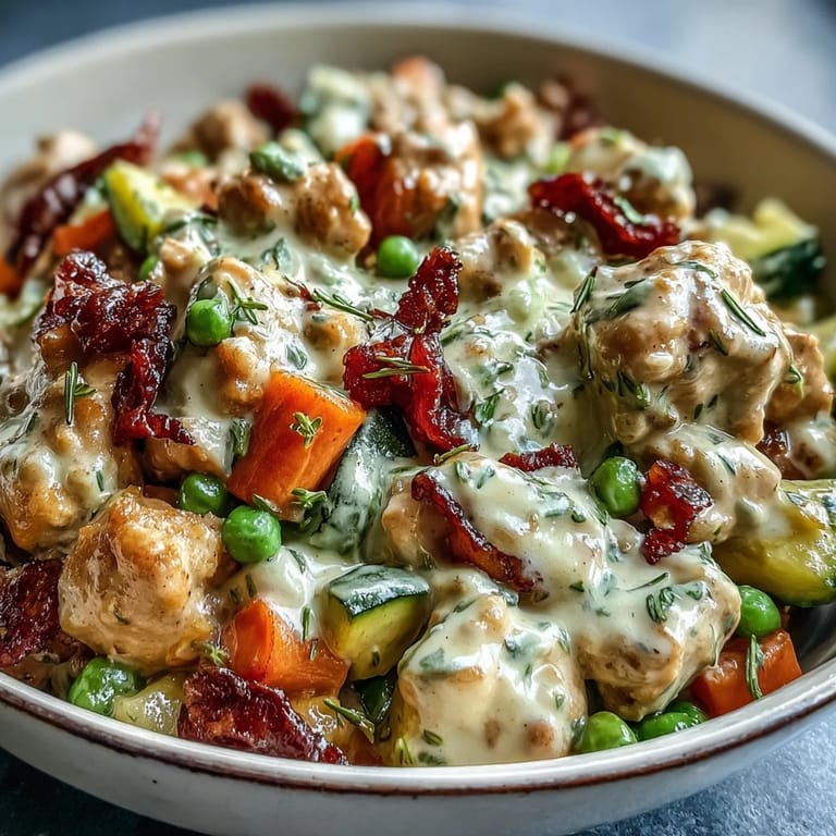 A serving of Creamy Ranch Turkey & Veggie Skillet spooned over fluffy white rice, topped with fresh parsley and a side of crisp white wine.