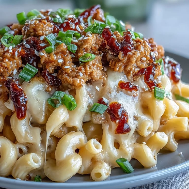 A close-up of Korean-Style Turkey Mac & Cheese, highlighting the gooey cheese sauce and savory ground turkey topping.