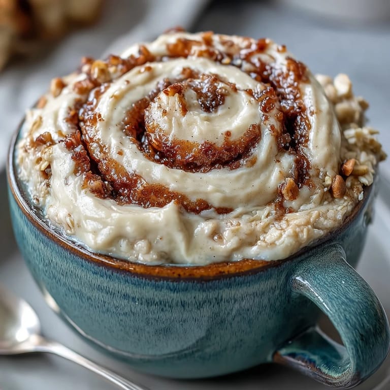 A freshly microwaved High-Protein Cinnamon Roll Mug Cake with visible cinnamon swirls and a dollop of tangy cream cheese frosting on top.