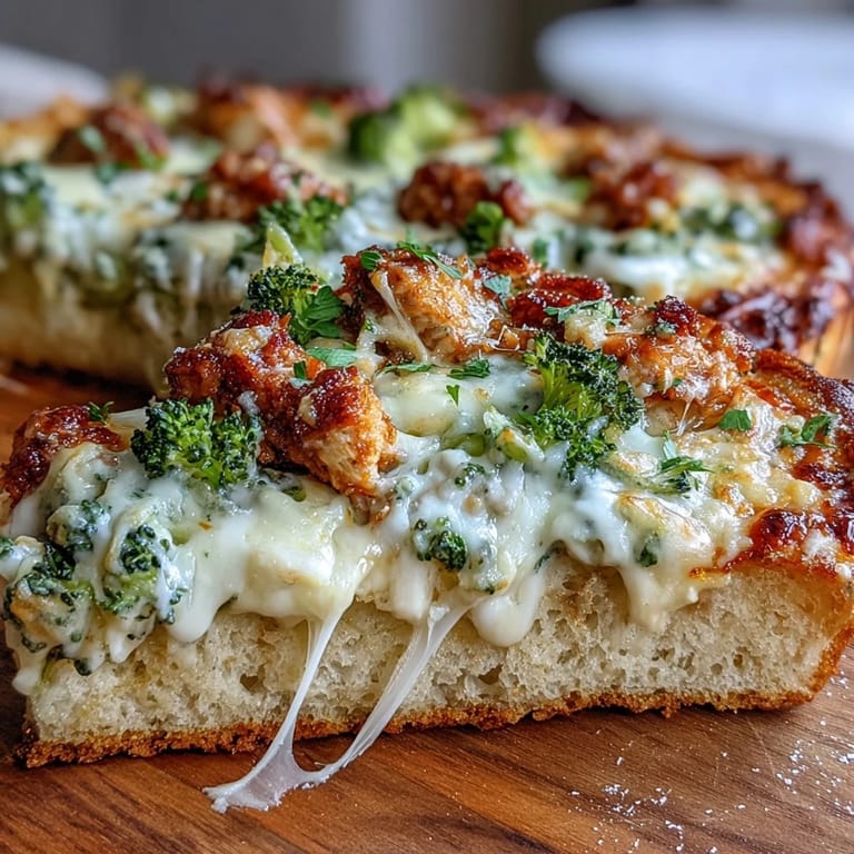Savory Garlic Parmesan Chicken & Broccoli Pizza topped with tender chicken and crisp broccoli florets.