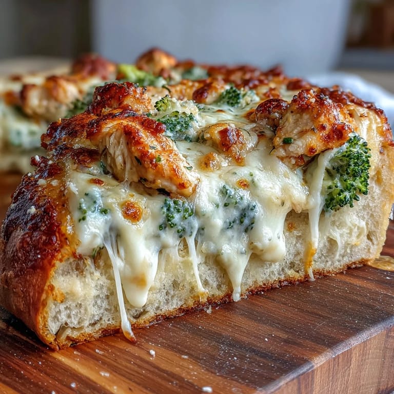 Freshly baked Garlic Parmesan Chicken & Broccoli Pizza cut into slices on a rustic wooden board.