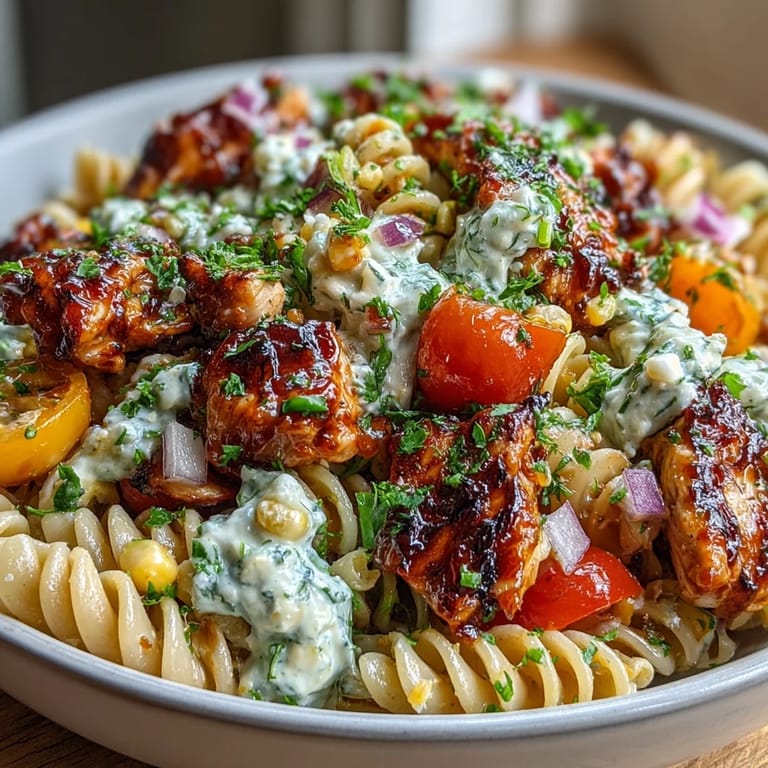 Chilled Honey BBQ Chicken Pasta Salad is served in a clear bowl, ready for a summer potluck.