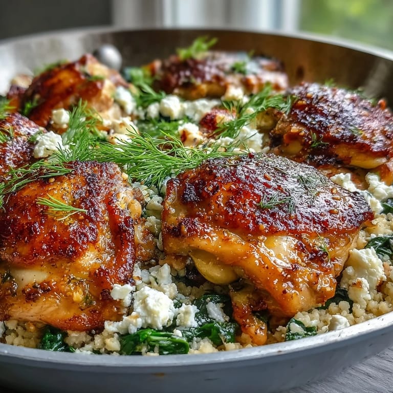 Bubbling Creamy Greek Chicken & Pearl Couscous Bake with spinach, served steaming in a skillet with lemon wedges.