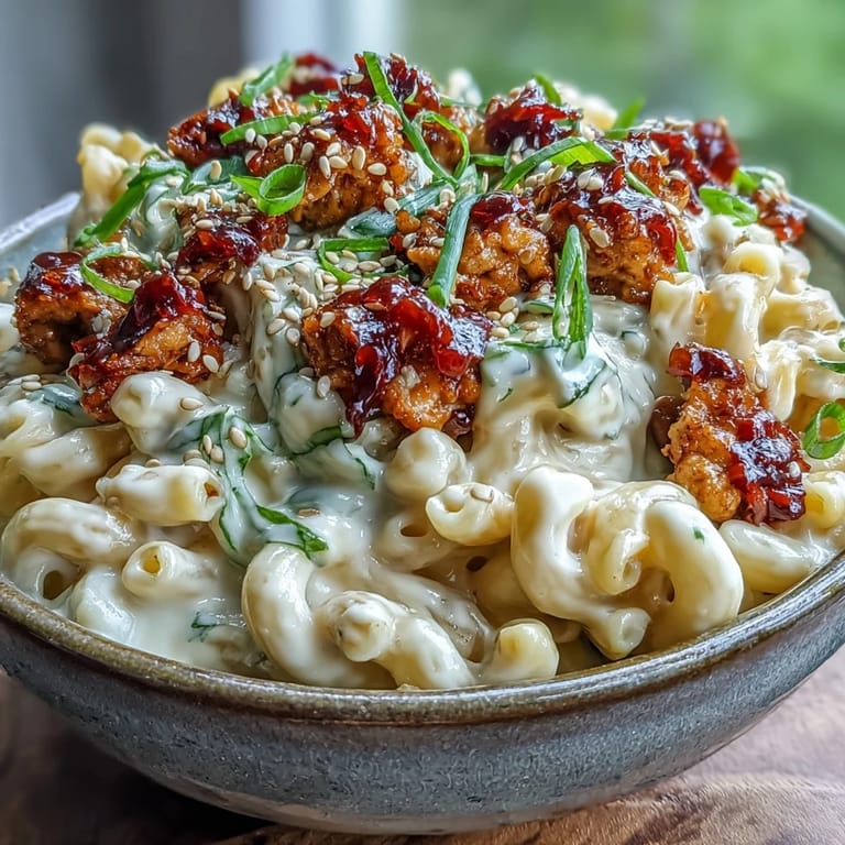 Golden, cheesy macaroni topped with gochujang-spiced turkey and sesame seeds is served alongside crispy roasted broccoli florets.