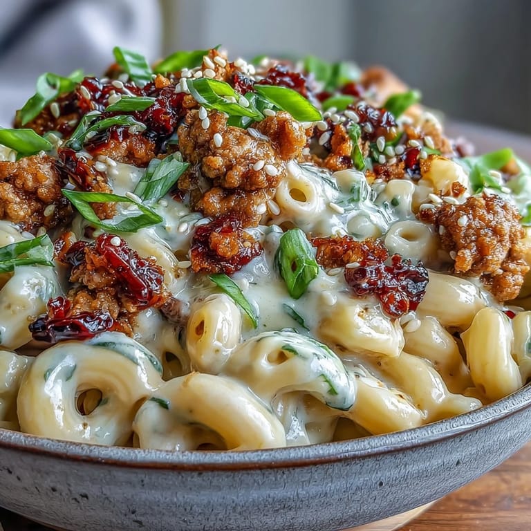 Plated Korean-Style Turkey Mac & Cheese reveals creamy cheddar sauce, juicy ground turkey, and vibrant scallions for garnish.