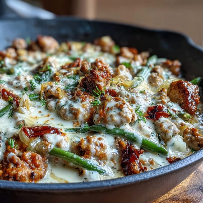 Sizzling skillet of Creamy Ranch Turkey & Veggie Skillet, with savory turkey and rich ranch sauce.