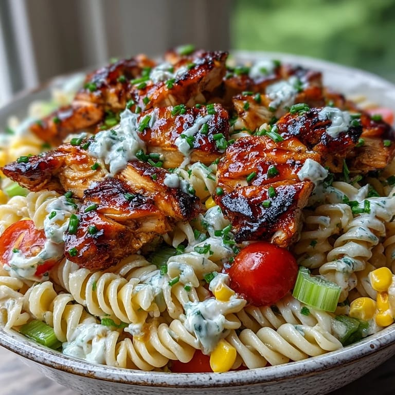 Golden pasta twists coated in tangy dressing, topped with chopped chives and diced red bell pepper for a colorful side.