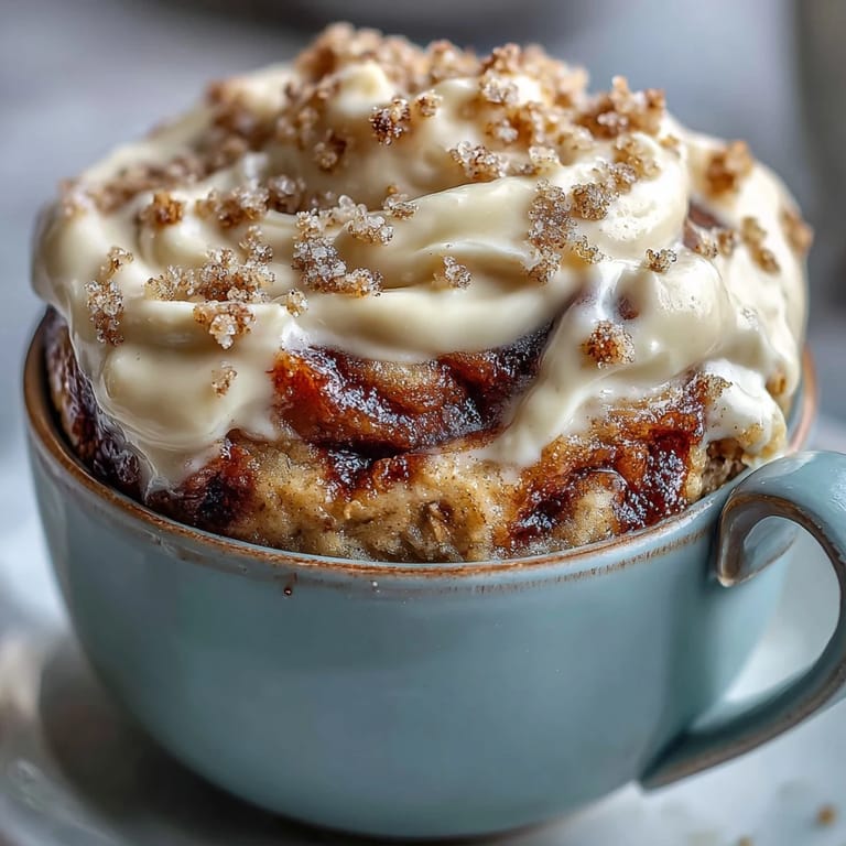 A single serving of High-Protein Cinnamon Roll Mug Cake with a soft texture and rich cinnamon aroma, ready to eat.