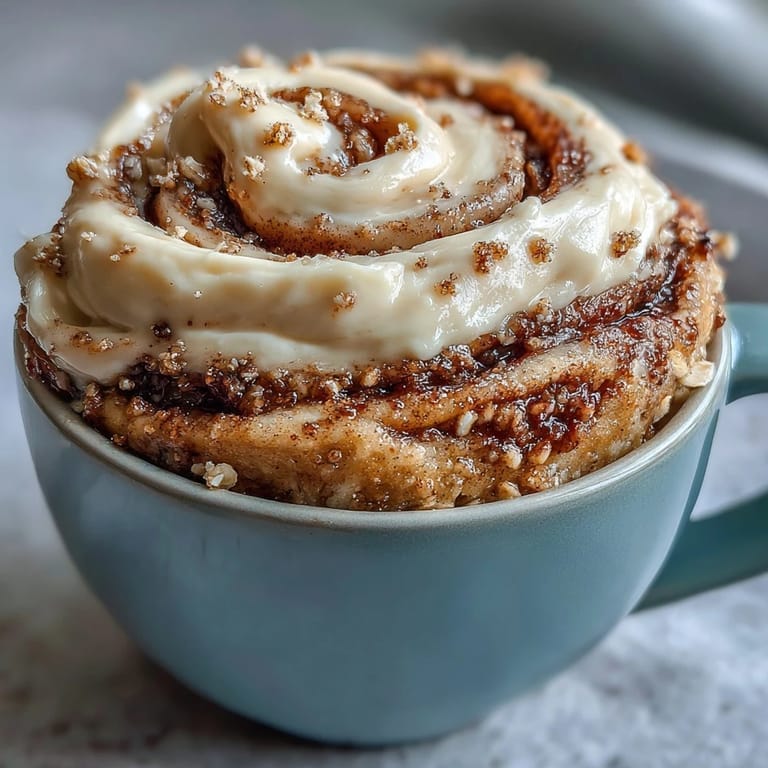The warm High-Protein Cinnamon Roll Mug Cake is topped with melting cream cheese frosting and a visible cinnamon sugar swirl.